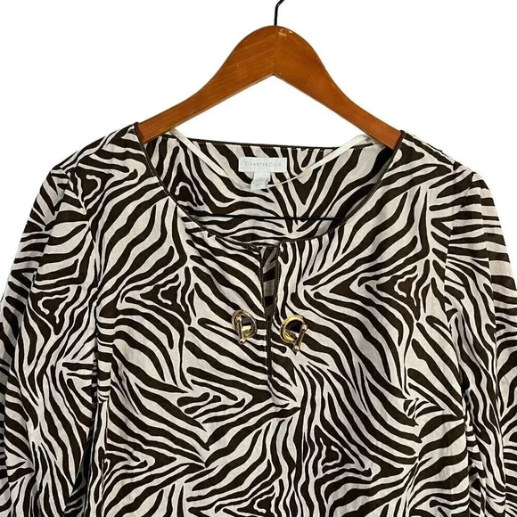 Charter Club Tiger Print Thin Blouse Cream Brown Womens Large Gold Metal Buckle - Picture 4 of 9